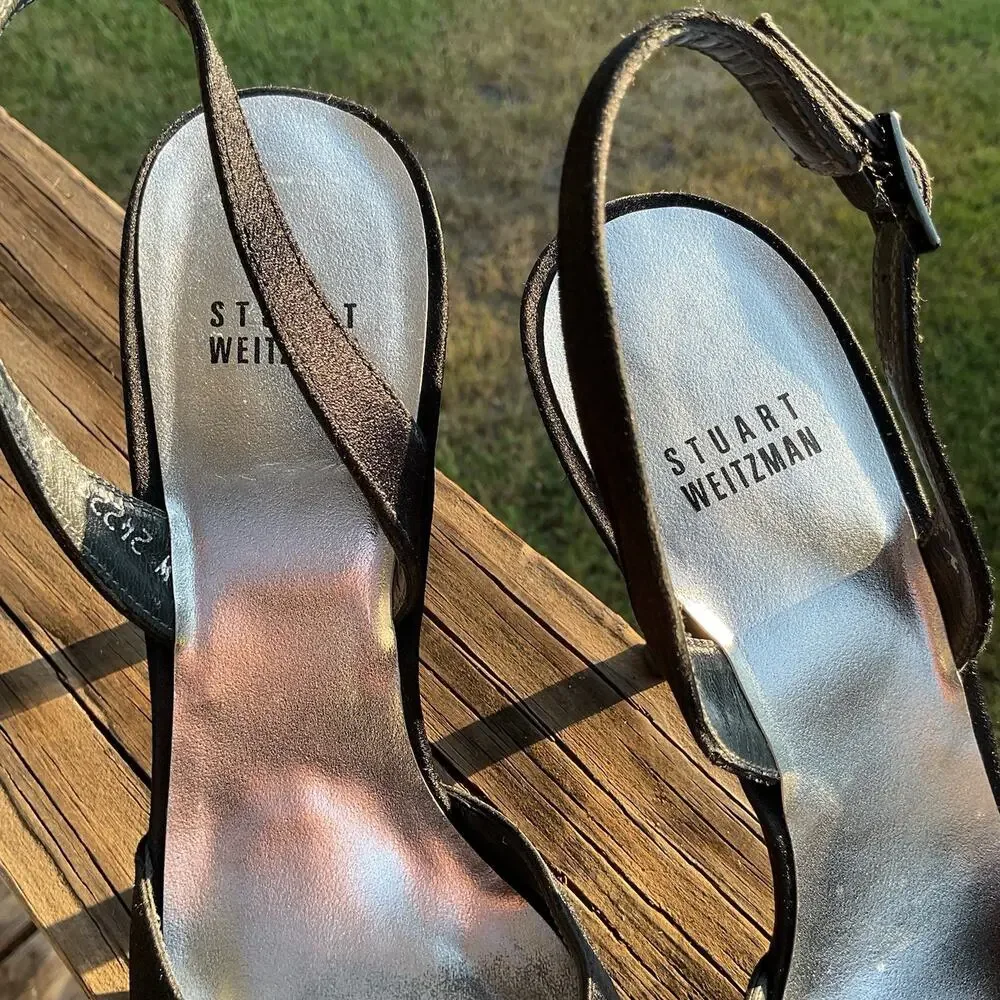 Stuart Weitzman Women’s Black Size 9M Satin Slingback Heels Peep Toe Formal